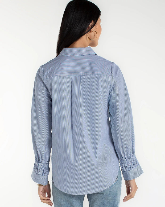 Blue/White Mini Stripe $|& Liverpool Adjustable Sleeve Button Front Woven Top - Hanger Side