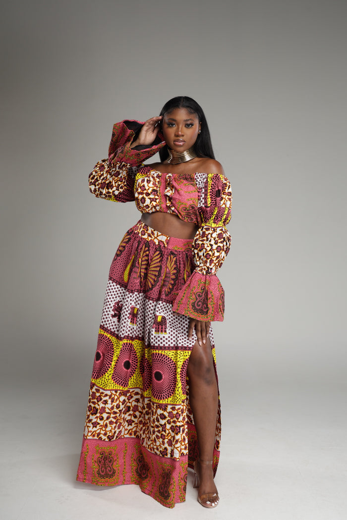African Print Long Skirt, Long Sleeve Crop Top set.❤️🔥