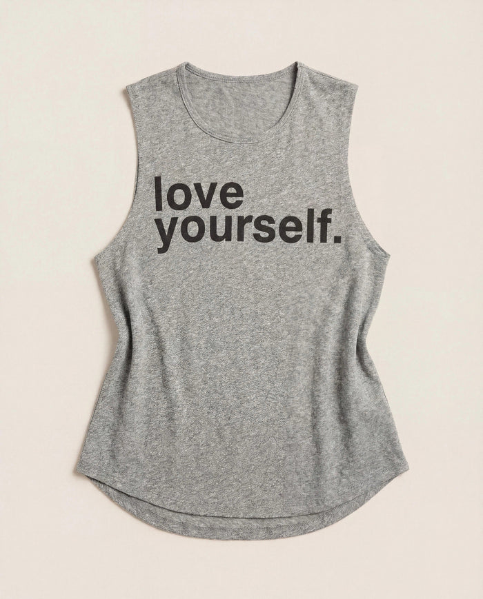 Heather Grey $|& Interval Aspire Graphic Tank Love Yourself - Hanger Detail