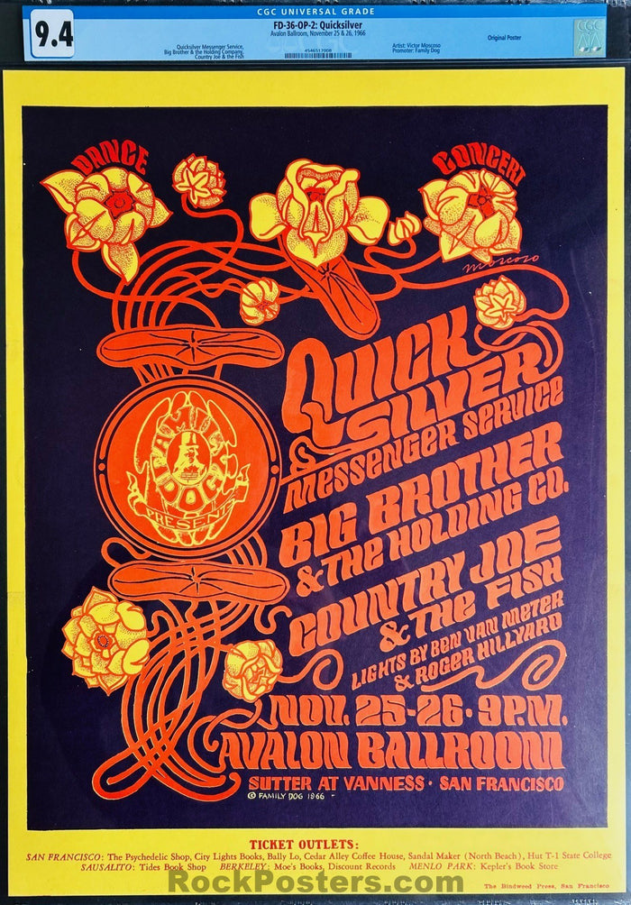 AUCTION - FD-36-OP-2 - Quicksilver Messenger - Victor Moscoso - 1966 Poster - Avalon Ballroom - CGC Graded 9.4