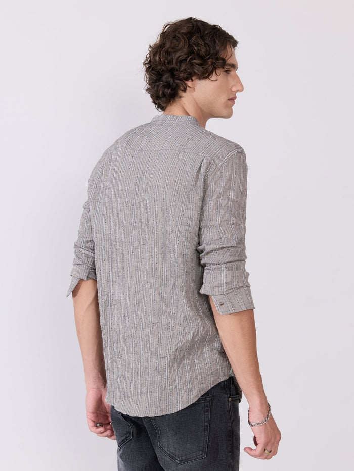 Aumena - Crinkle Pattern Striped Band Neck Shirt - Grey