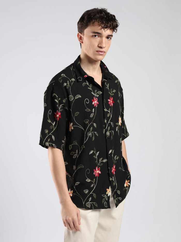 Bopha - Floral Embroidery Half Sleeve Shirt - Black