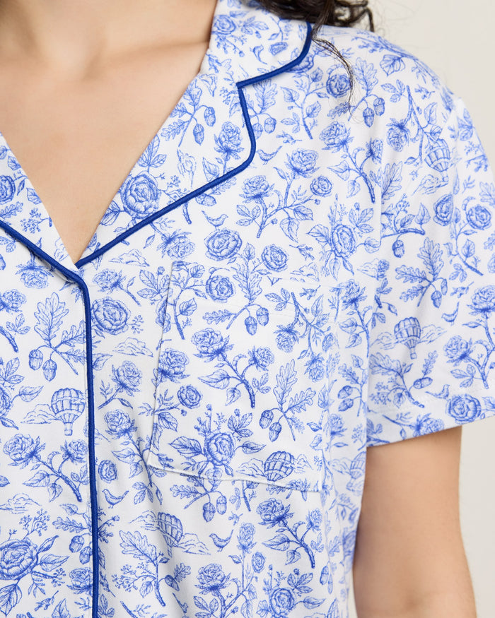 White/Blue Nature $|& Bobeau Butter Knit Brushed DTY Printed V-Neck and Short Set - SOF Full Front