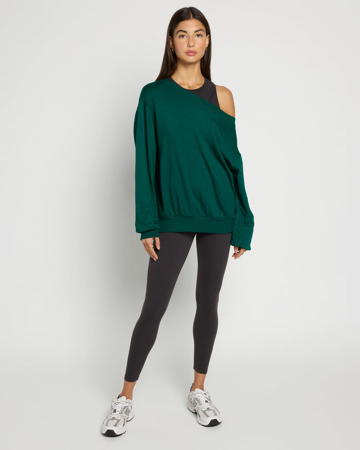 Forest Green $|& Interval Flex Fleece One Shoulder Pullover - UGC On Fig
