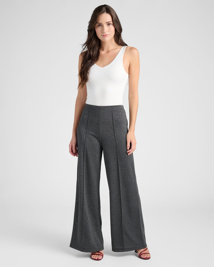 Black/Charcoal Herringbone $|& Max Studio High Waist Front Seam Wide Leg Ponte Pant - SOF Full Front