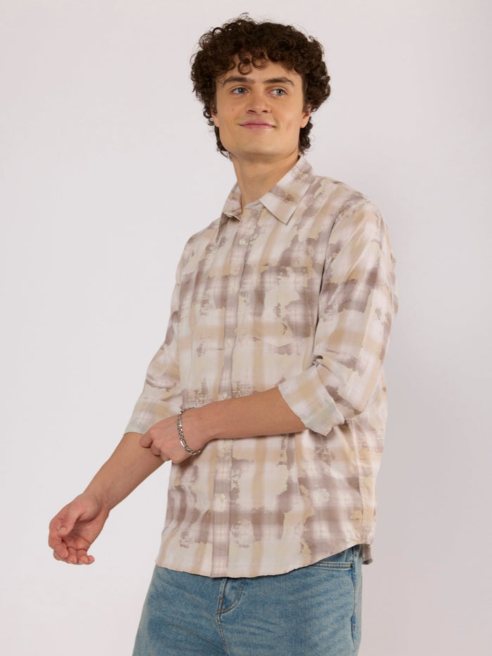 Jules - Digital Print Checkered Shirt - Beige