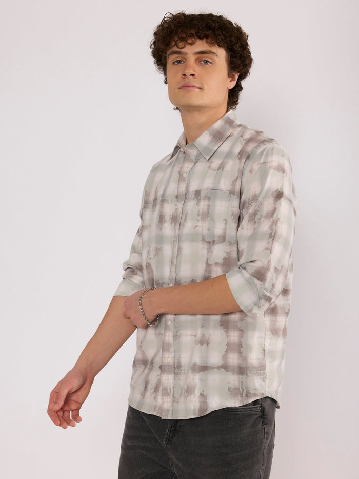 Jules - Digital Print Checkered Shirt - Taupe Grey
