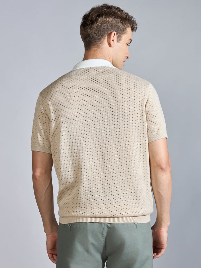 Men's Regular Fit Half Zip Stripe Knit Polo T-Shirt in Beige