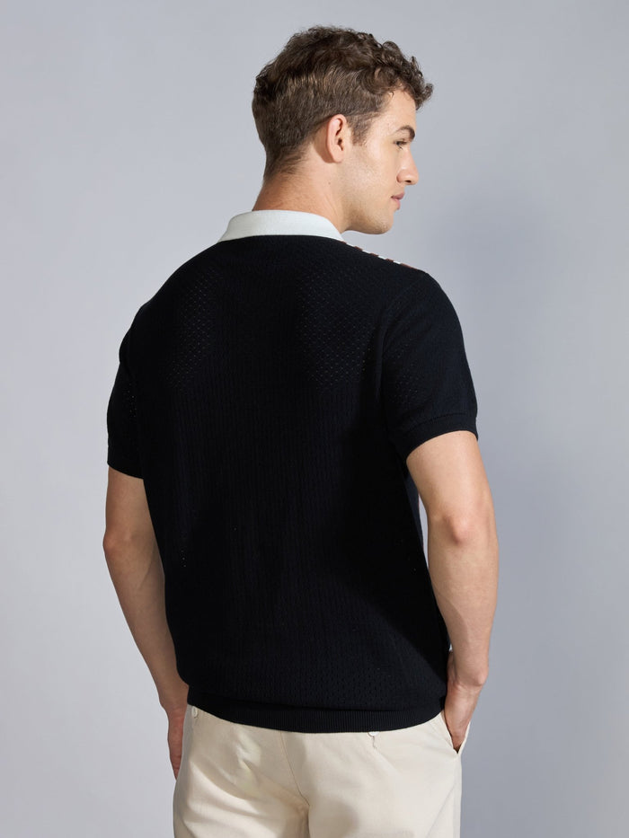 Men's Regular Fit Half Zip Stripe Knit Polo T-Shirt in black