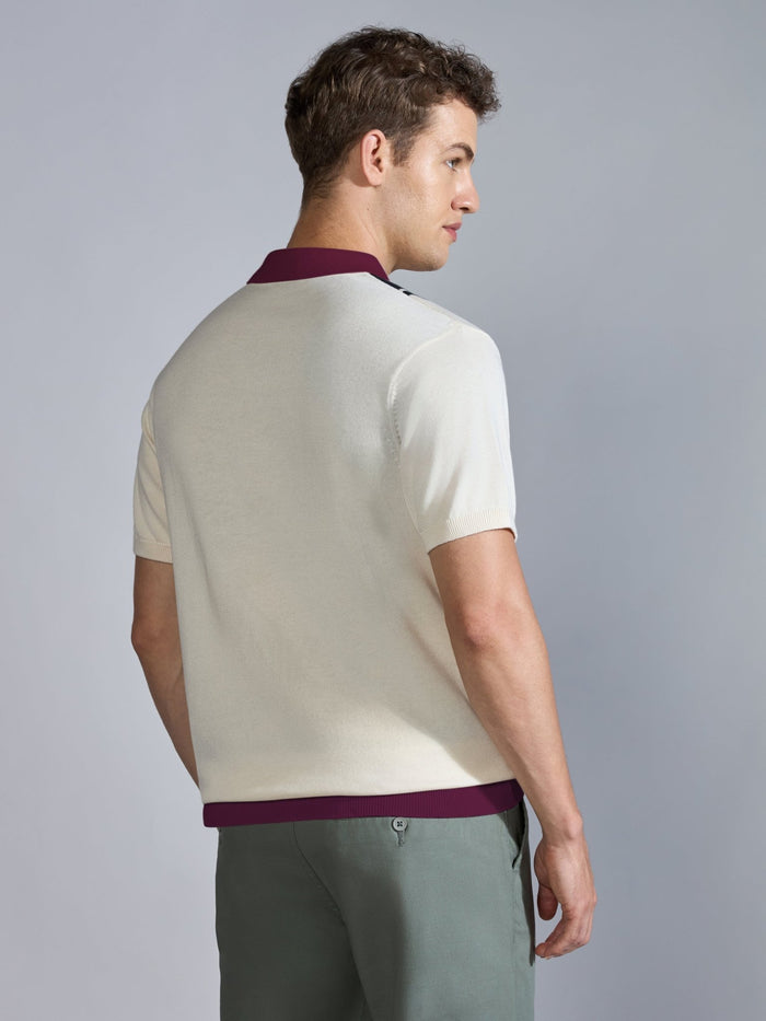 Men's Regular Fit Dual-Tone Retro Stripe Design Knit Polo Shirt in cream