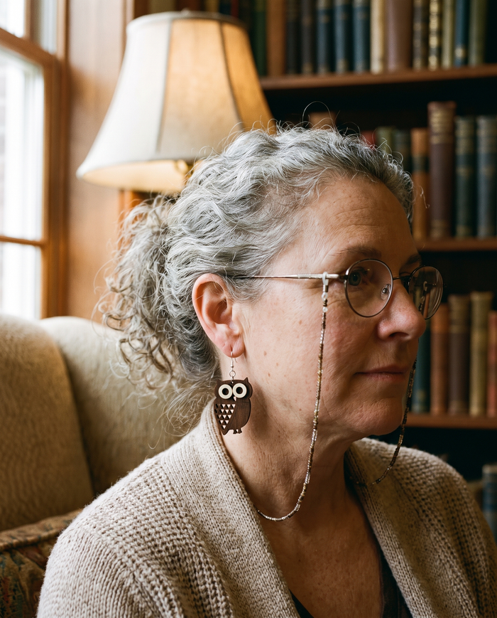 Little Hoot Owl Earrings #1363 shown on model