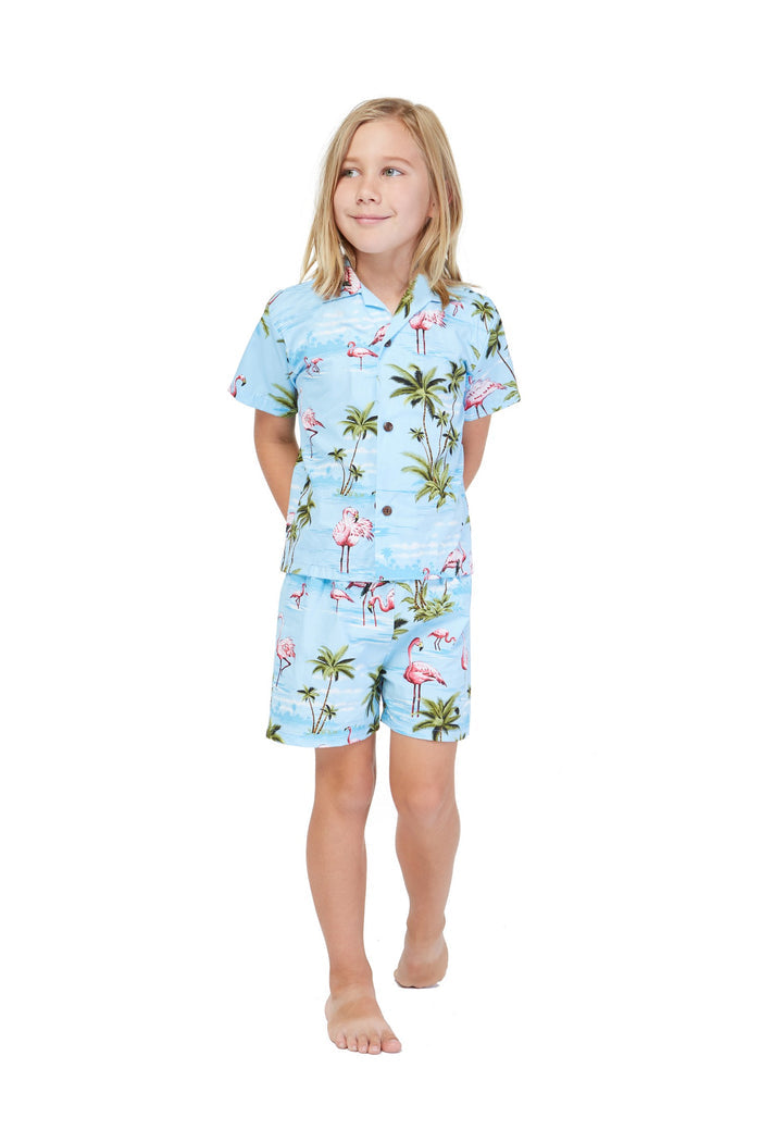 Made in Hawaii Mother Son Kumu Set in Flamingo All Over Blue