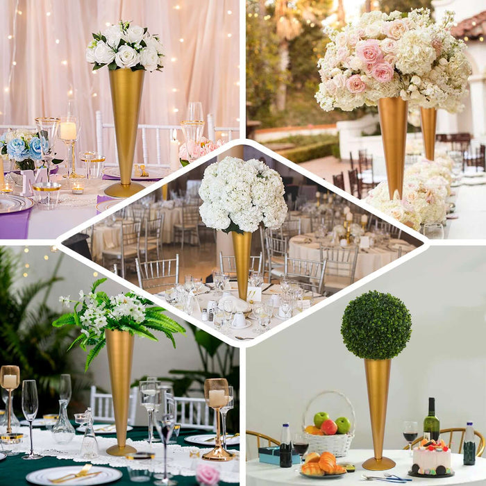 Decorative gold flower vases with various floral arrangements at elegant events.