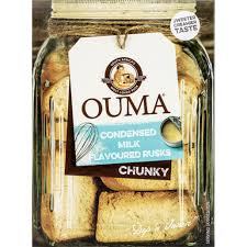 Rectangular tan biscuits in a glass jar with a white Ouma Condensed Milk Flavoured Rusks Chunky label.