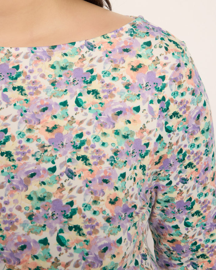 Purple/Peach Floral $|& Bobeau Brushed DTY Boat Neck Long Sleeve Top - SOF Full Front
