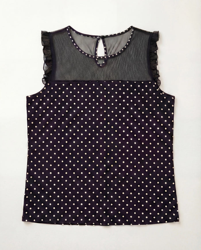 Black White Dot $|& Loveappella Mesh Yoke Ruffle Top - Hanger Detail