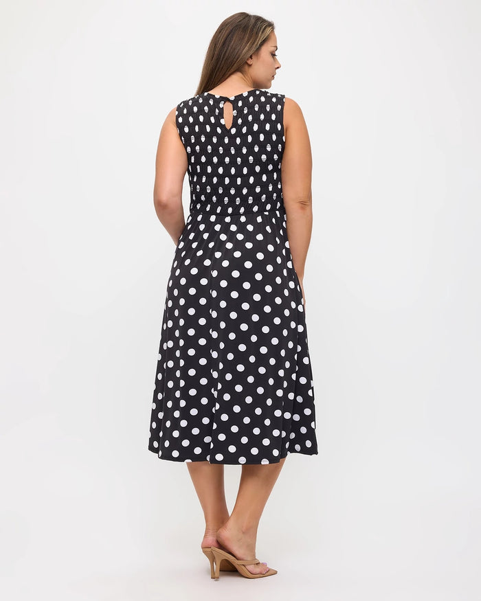Black Polka Dot $|& West Kei Printed Knit Smocked Dress - Hanger Side