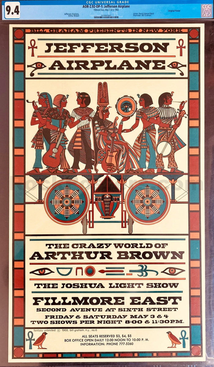 AUCTION - AOR 2.92 - Jefferson Airplane - David Byrd - 1968 Poster - Fillmore East - CGC Graded 9.4-5172849-3860420