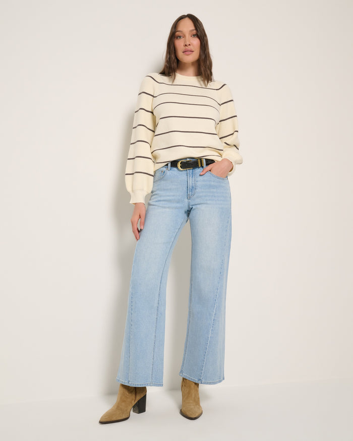 Cream $|& SEAS Striped Pacific Puff Shoulder Crew Neck Sweater - UGC On Fig