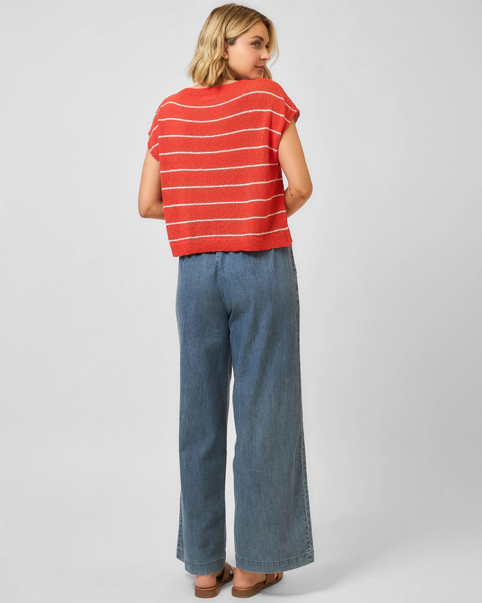 Red Orange $|& Cozy CO Striped Short Sleeve Sweater Top - Hanger Side