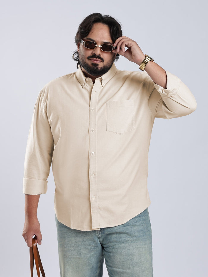 Telodo - Relaxed Fit Plain Plus Size Shirt - Light Beige