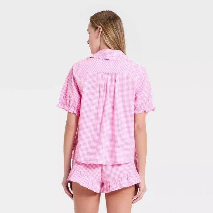 Women's Mommy & Me Ruffle Short Sleeve Notch Collar Shirt and Shorts Pajama Set
