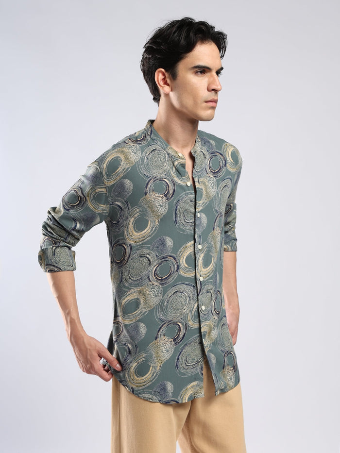 Xisoni - Abstract Printed Mandarin Collar Shirt - Slate Green