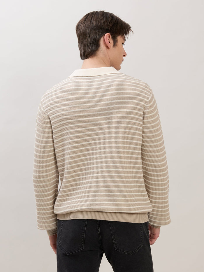 Xosio-2 - Regular Striped Knit Polo Sweater - Beige