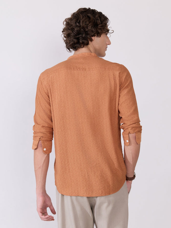 Yometo - Striped Band Neck Shirt - Coral Orange
