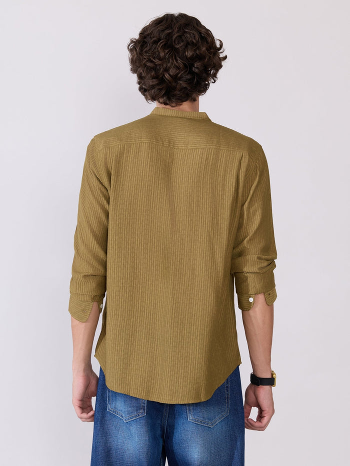 Yometo - Striped Band Neck Shirt - Olive