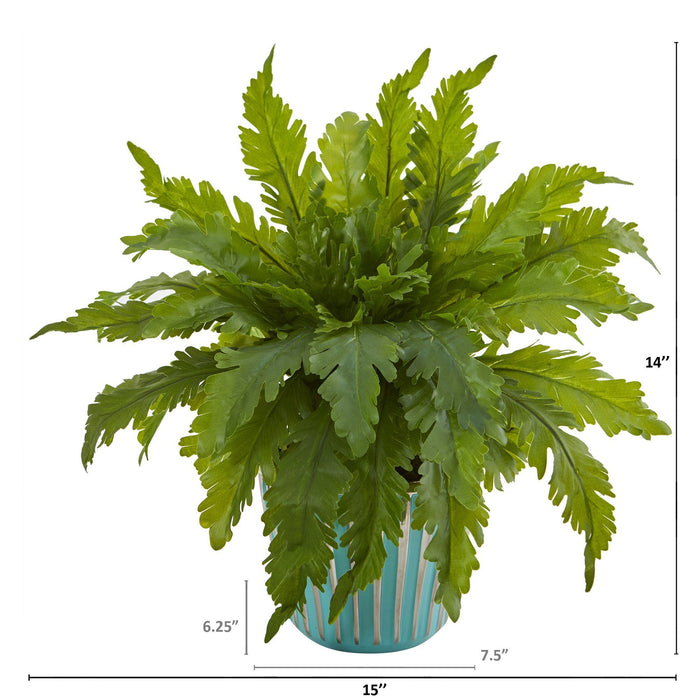 14” Fern Artificial Plant in Light Blue Planter