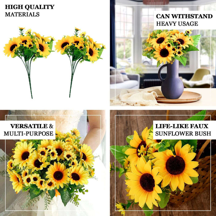 Colorful faux sunflower bouquets in various arrangements for versatile decor.