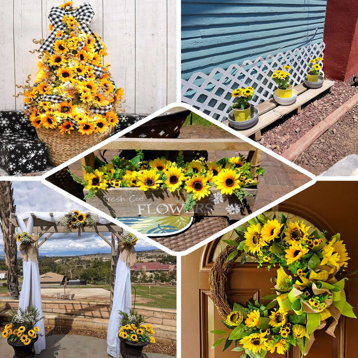 Vibrant sunflower arrangements in various outdoor settings and decorations.