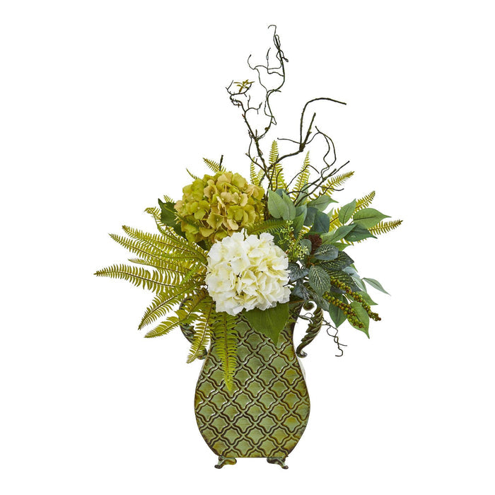 25” Hydrangea, Ficus, and Fern Artificial Plant in Metal Planter