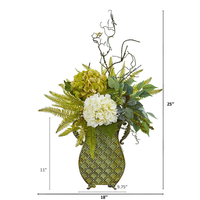 25” Hydrangea, Ficus, and Fern Artificial Plant in Metal Planter