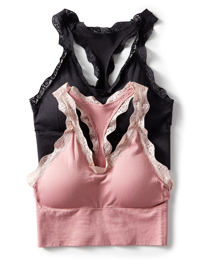 Ash Rose/Black $|& real Underwear 2PK Longline Seamless with Contrast Lace - Hanger Front