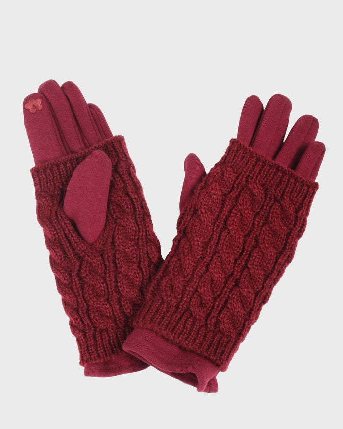 Burgundy $|& David & Young 3-in-1 Cable Knit Touch Smart Gloves - VOF Detail
