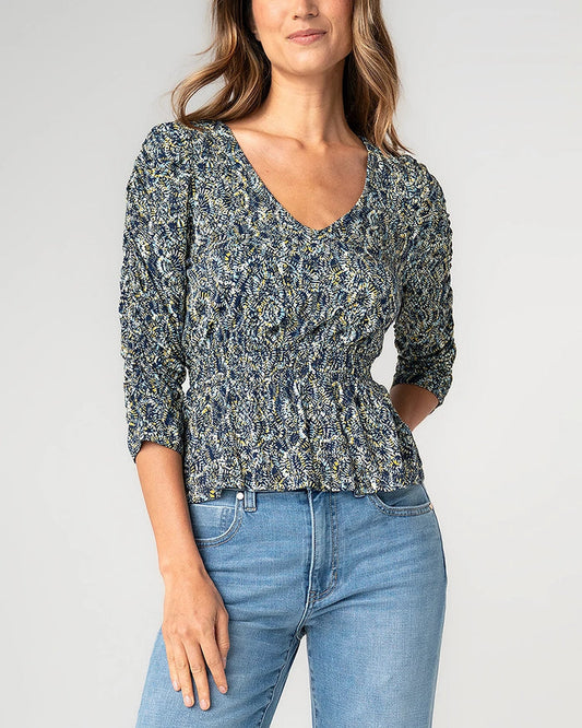 Navy Gold Multi $|& Liverpool 3/4 Ruched Sleeve V-Neck Knit Top - VOF Detail