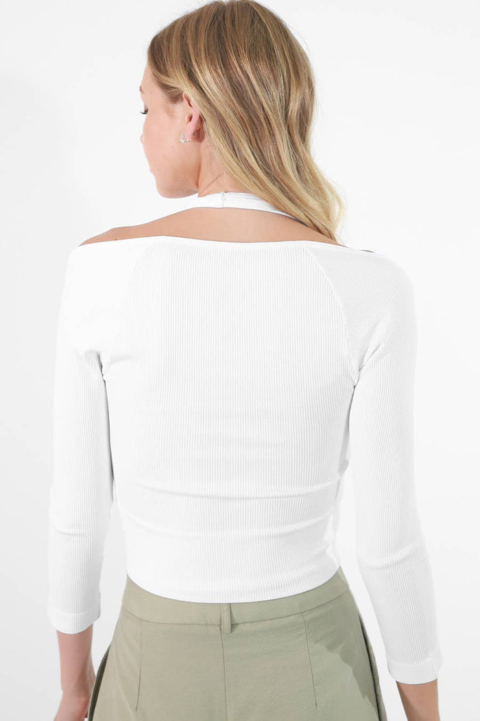 3/4 Sleeve Ribbed Halter Crop Top