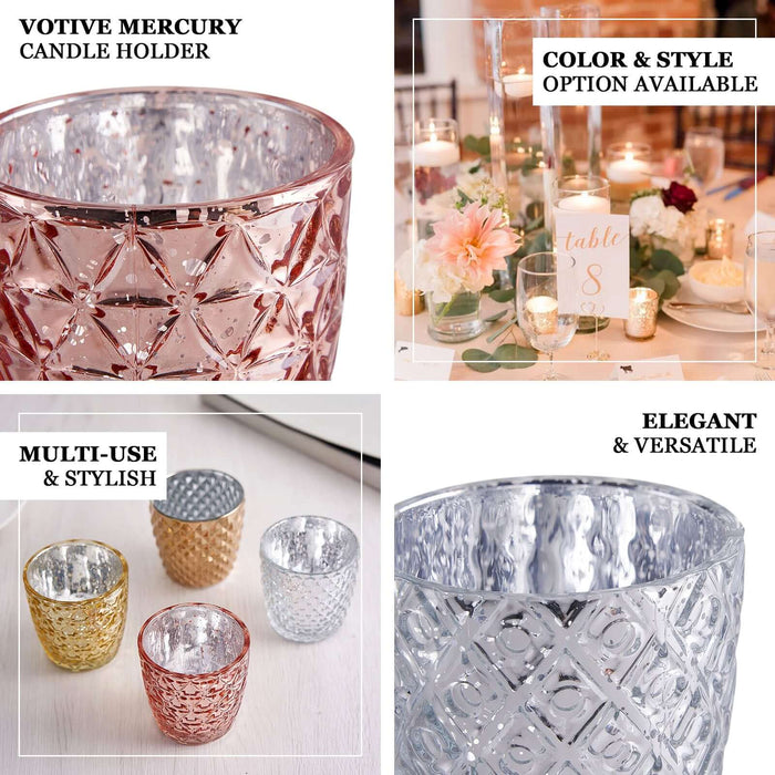 Votive mercury candle holders in various colors, elegant and versatile for decoration.