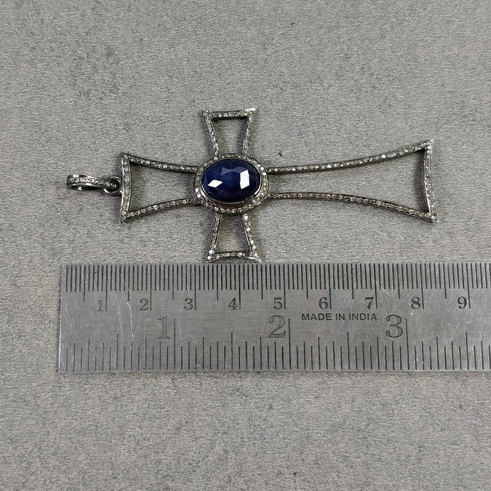 7.55gms Sapphire, Diamond 925 Sterling Silver Pave Set Victorian Cross Christian Pendant