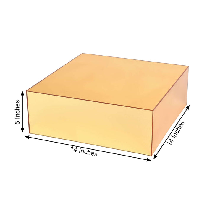 Gold acrylic display box, 14x14x5 inches, studio shot.