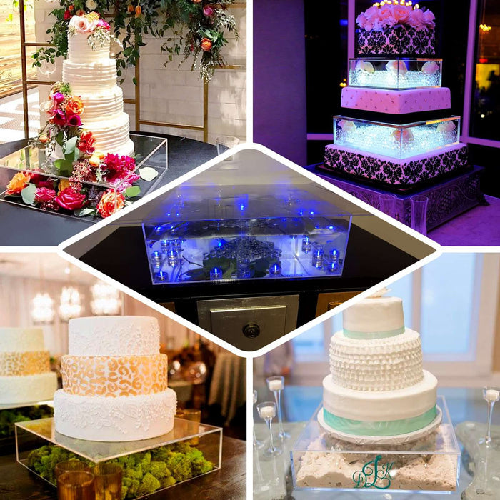Elegant wedding cakes displayed in beautiful settings and unique lighted showcases.