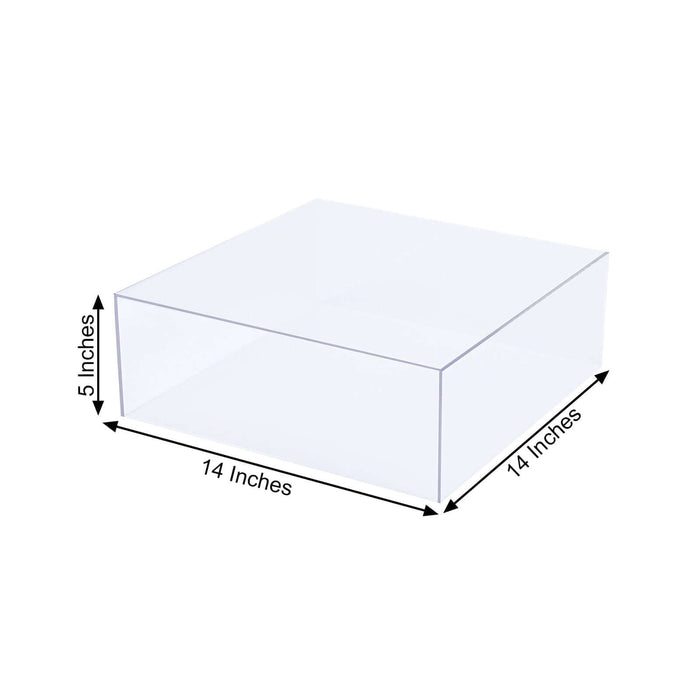 Clear storage box, 14x14 inches, height 5 inches, versatile organizer.