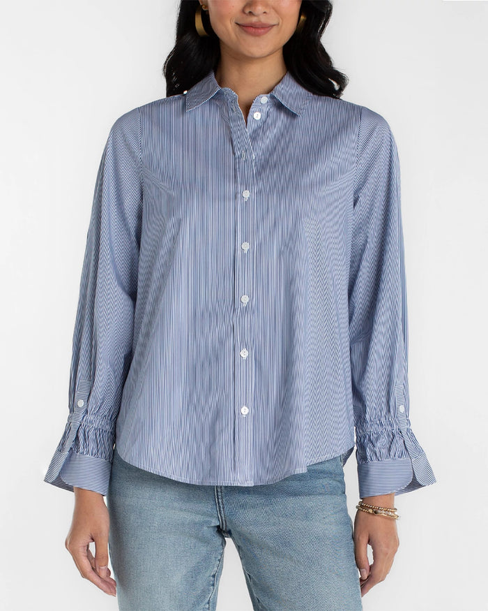 Blue/White Mini Stripe $|& Liverpool Adjustable Sleeve Button Front Woven Top - VOF Detail