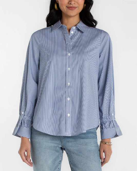 Blue/White Mini Stripe $|& Liverpool Adjustable Sleeve Button Front Woven Top - VOF Detail