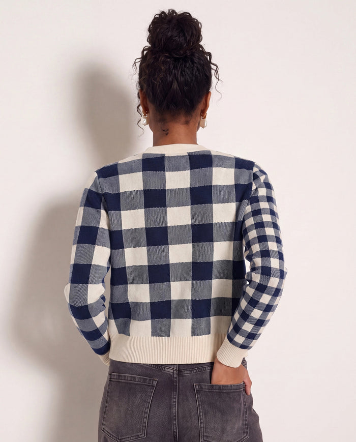 Cream/Navy $|& SEAS Alumni Double Plaid Cardigan - SOF Back