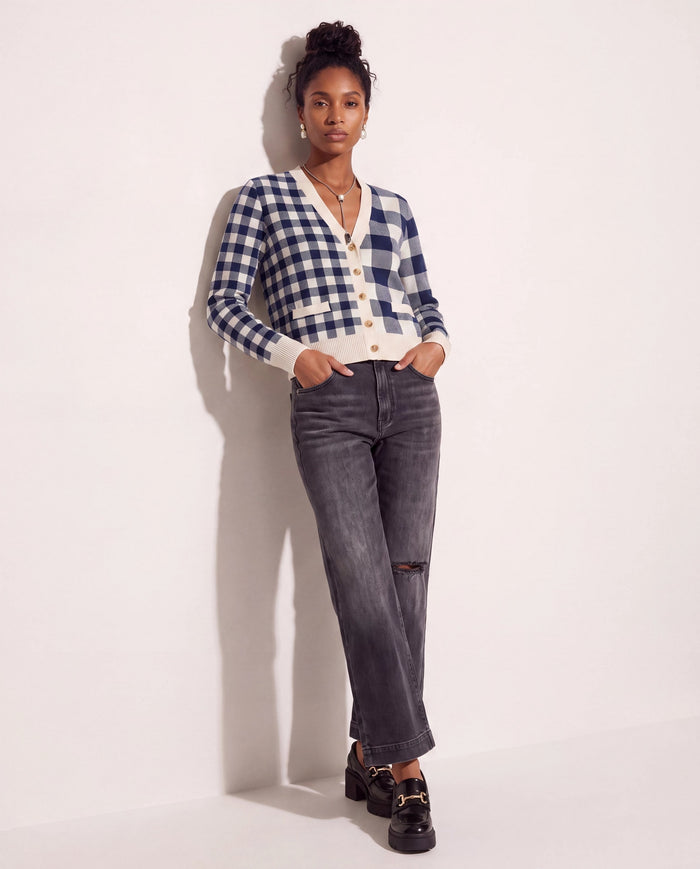 Cream/Navy $|& SEAS Alumni Double Plaid Cardigan - UGC On Fig