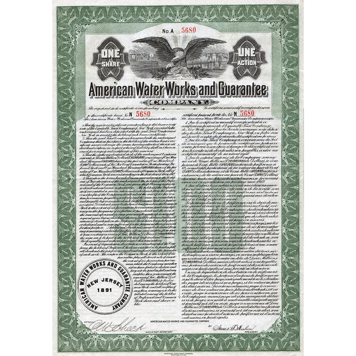 American Water Works and Guarantee Company 1912 New York Stock Bond Certificate