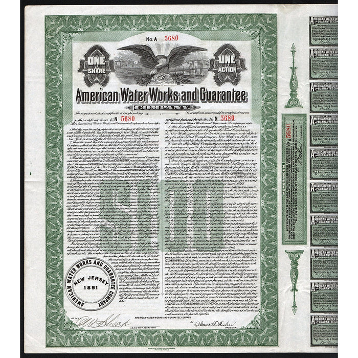 American Water Works and Guarantee Company 1912 New York Stock Bond Certificate